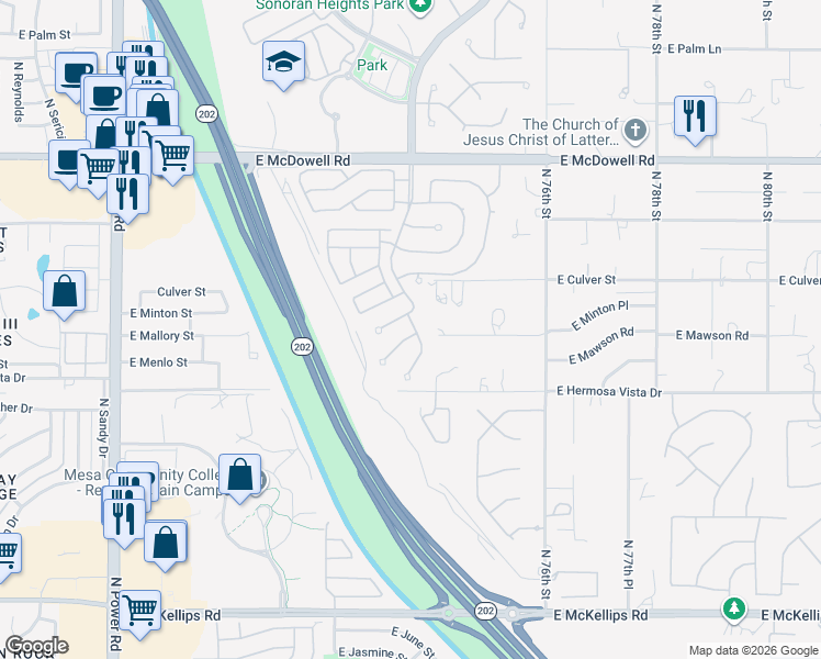 map of restaurants, bars, coffee shops, grocery stores, and more near 2465 North Raven Circle in Mesa