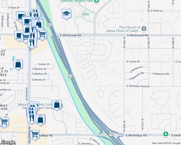 map of restaurants, bars, coffee shops, grocery stores, and more near 7307 East Minton Circle in Mesa