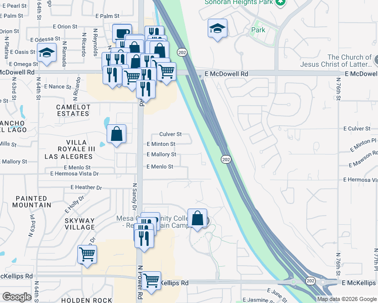 map of restaurants, bars, coffee shops, grocery stores, and more near 7050 East Mallory Street in Mesa