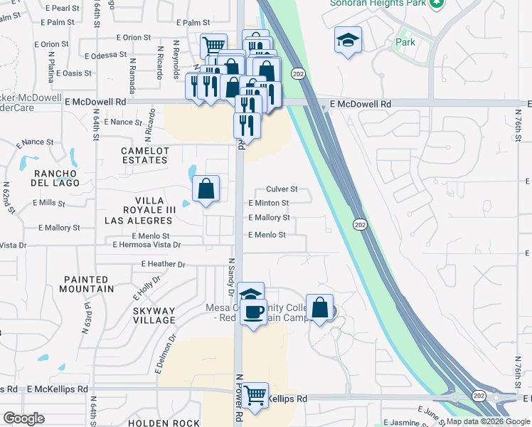 map of restaurants, bars, coffee shops, grocery stores, and more near 6862 East Mallory Street in Mesa