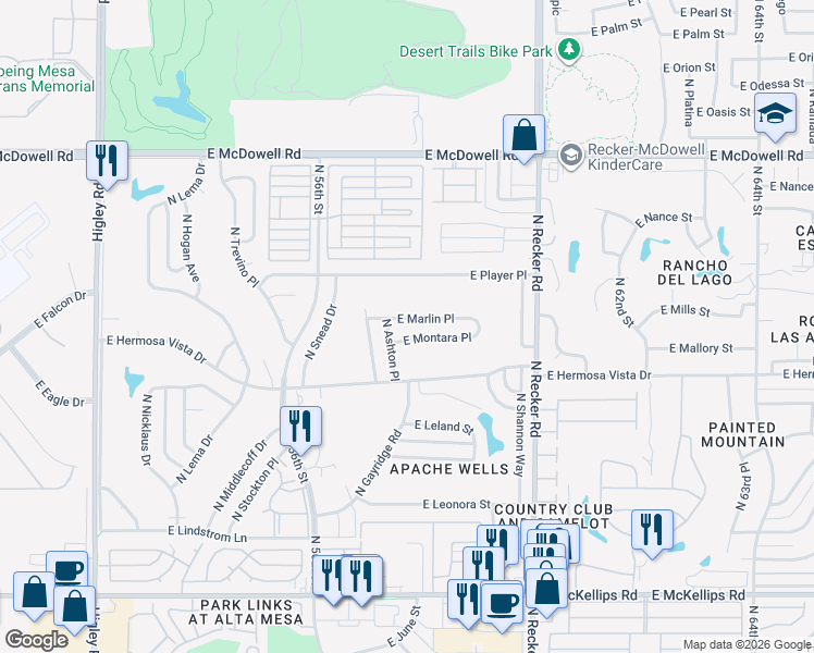 map of restaurants, bars, coffee shops, grocery stores, and more near 5742 East Montara Place in Mesa