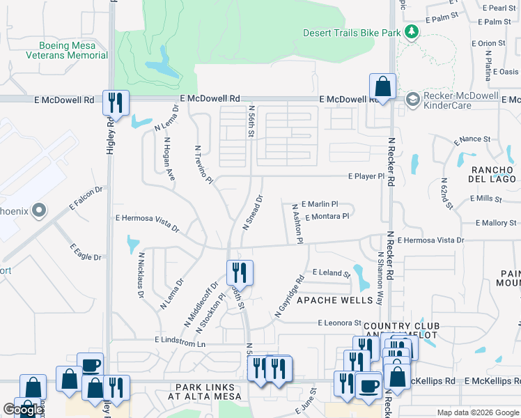 map of restaurants, bars, coffee shops, grocery stores, and more near 2465 North Snead Drive in Mesa