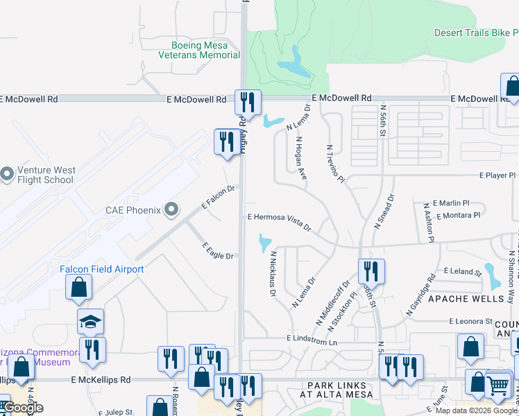 map of restaurants, bars, coffee shops, grocery stores, and more near 2400-2498 N Fillmore Ct in Mesa