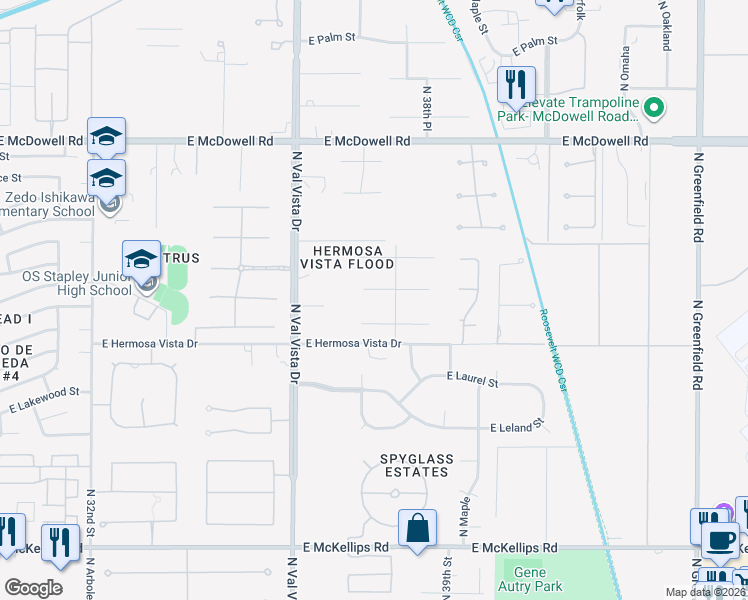 map of restaurants, bars, coffee shops, grocery stores, and more near 3735 East Mallory Street in Mesa