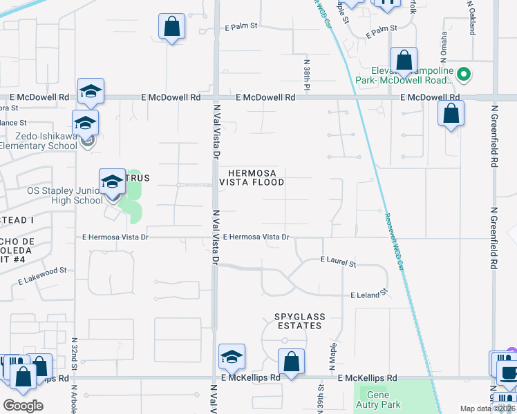 map of restaurants, bars, coffee shops, grocery stores, and more near 3735 East Mallory Street in Mesa