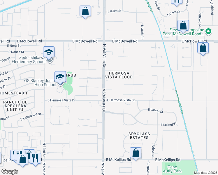 map of restaurants, bars, coffee shops, grocery stores, and more near 2451 North Val Vista Drive in Mesa