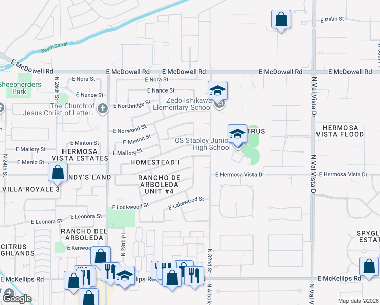 map of restaurants, bars, coffee shops, grocery stores, and more near 3112 E Hermosa Vista Dr in Mesa