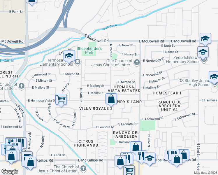 map of restaurants, bars, coffee shops, grocery stores, and more near 2545 East Mallory Street in Mesa
