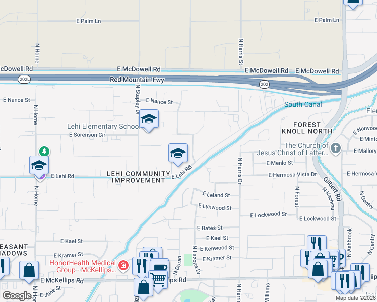 map of restaurants, bars, coffee shops, grocery stores, and more near 2502 North Lazona Drive in Mesa