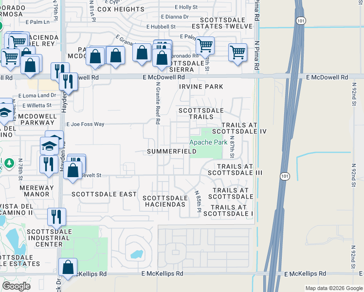map of restaurants, bars, coffee shops, grocery stores, and more near 8529 East Portland Street in Scottsdale