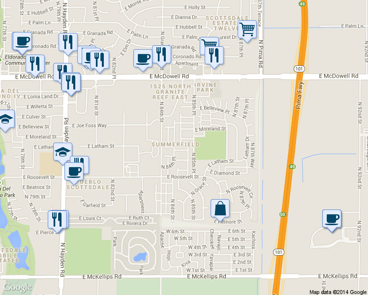 map of restaurants, bars, coffee shops, grocery stores, and more near 8529 East Portland Street in Scottsdale