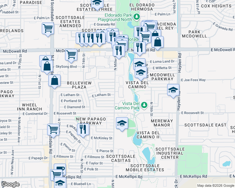 map of restaurants, bars, coffee shops, grocery stores, and more near 7543 East Latham Street in Scottsdale