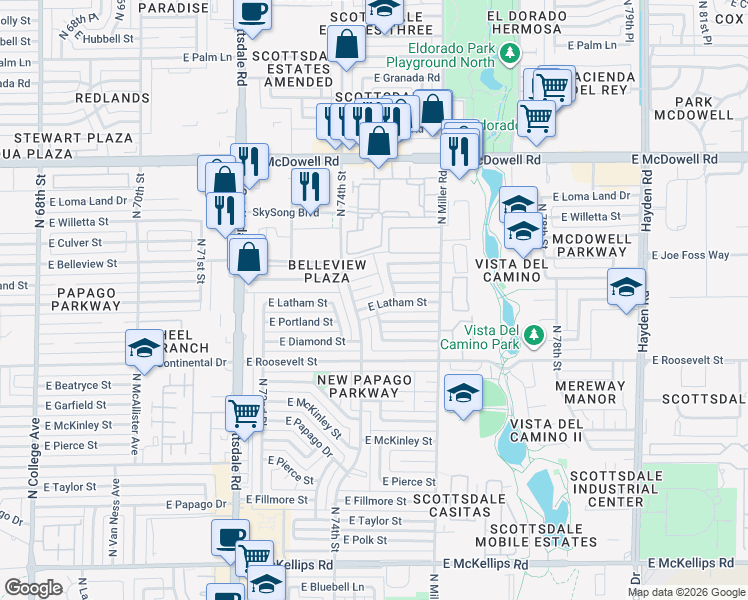 map of restaurants, bars, coffee shops, grocery stores, and more near 7402 East Latham Street in Scottsdale