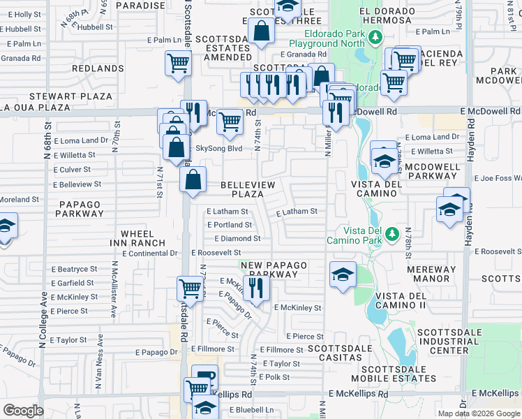 map of restaurants, bars, coffee shops, grocery stores, and more near 7402 East Latham Street in Scottsdale