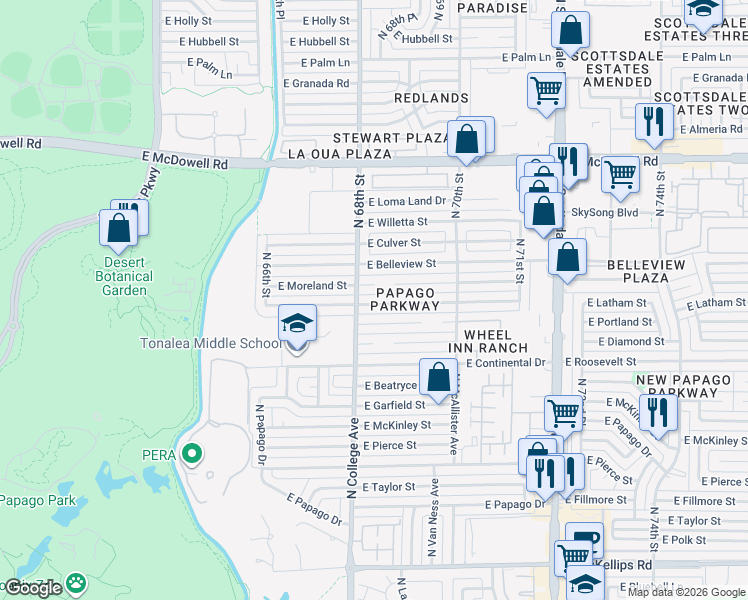 map of restaurants, bars, coffee shops, grocery stores, and more near 6807 East Latham Street in Scottsdale