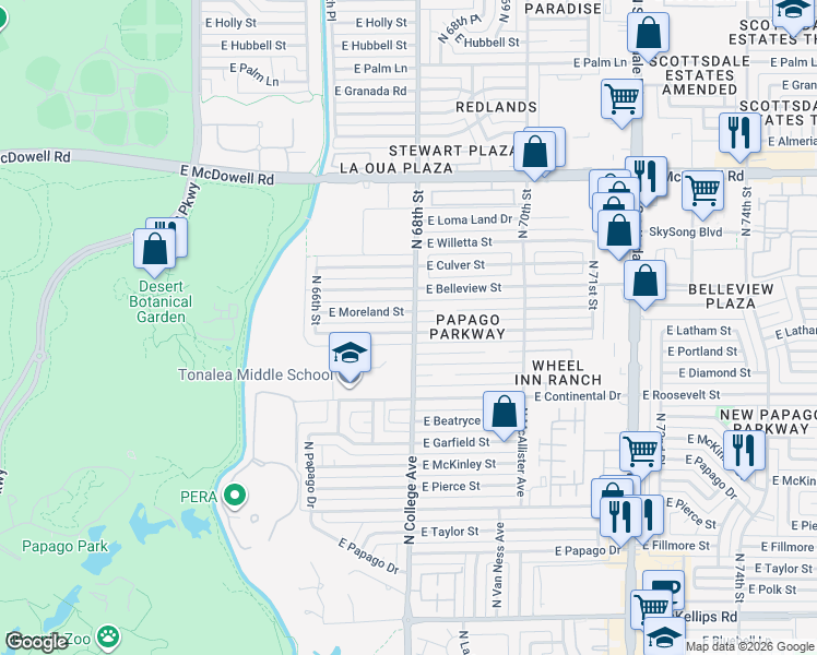 map of restaurants, bars, coffee shops, grocery stores, and more near 6807 East Latham Street in Scottsdale
