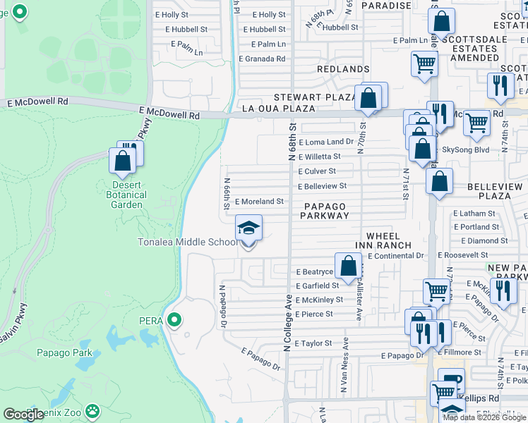 map of restaurants, bars, coffee shops, grocery stores, and more near 6725 East Latham Street in Scottsdale