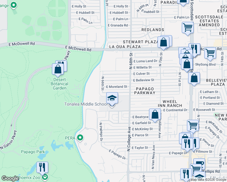 map of restaurants, bars, coffee shops, grocery stores, and more near 6637 East Latham Street in Scottsdale