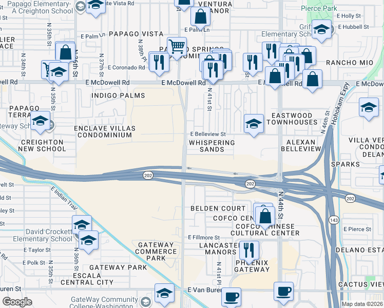 map of restaurants, bars, coffee shops, grocery stores, and more near 4007 East Portland Street in Phoenix