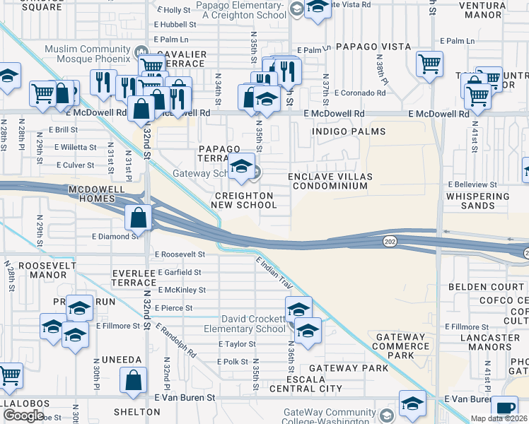 map of restaurants, bars, coffee shops, grocery stores, and more near 1100 North 35th Street in Phoenix