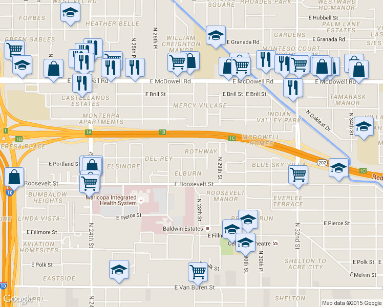 map of restaurants, bars, coffee shops, grocery stores, and more near 1101 North 28th Street in Phoenix