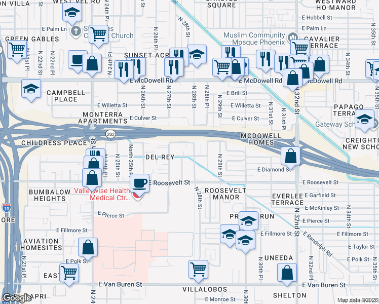 map of restaurants, bars, coffee shops, grocery stores, and more near 1101 North 28th Street in Phoenix