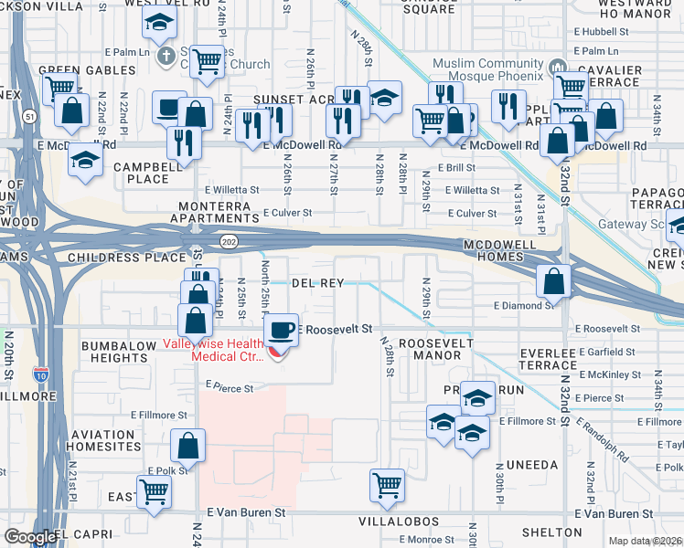 map of restaurants, bars, coffee shops, grocery stores, and more near 2714 East Portland Street in Phoenix