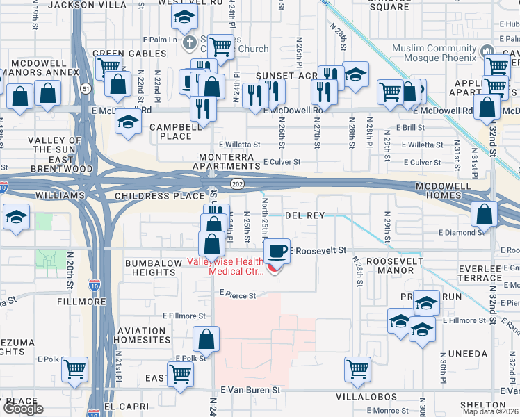 map of restaurants, bars, coffee shops, grocery stores, and more near 1102 North 25th Place in Phoenix