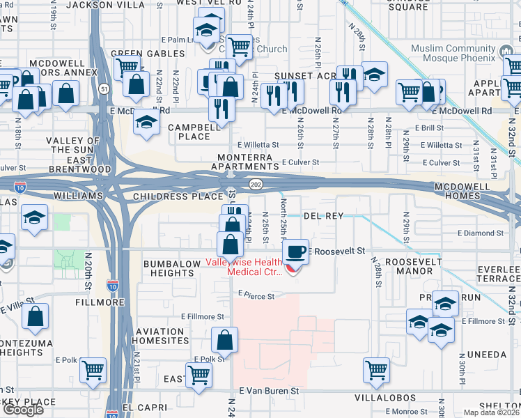 map of restaurants, bars, coffee shops, grocery stores, and more near 2432 East Portland Street in Phoenix