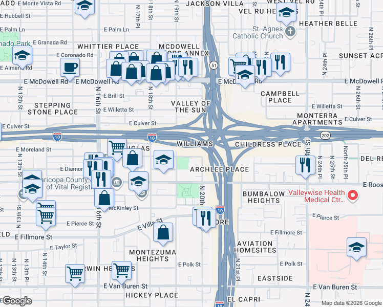 map of restaurants, bars, coffee shops, grocery stores, and more near 1938 East Portland Street in Phoenix