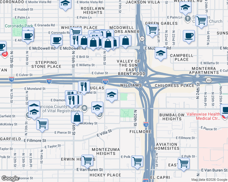 map of restaurants, bars, coffee shops, grocery stores, and more near 1817 East Portland Street in Phoenix
