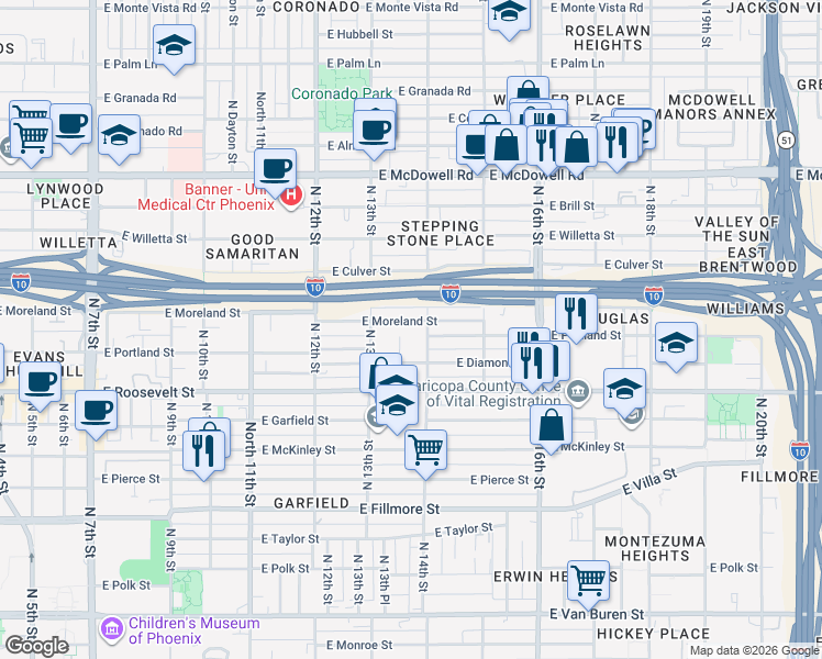map of restaurants, bars, coffee shops, grocery stores, and more near 1121 North 13th Place in Phoenix