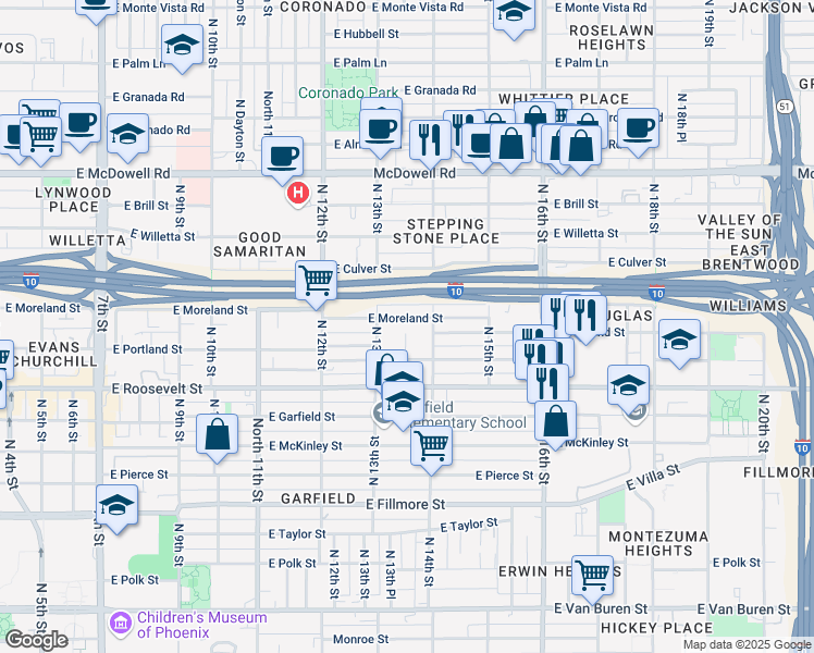 map of restaurants, bars, coffee shops, grocery stores, and more near 1121 North 13th Place in Phoenix