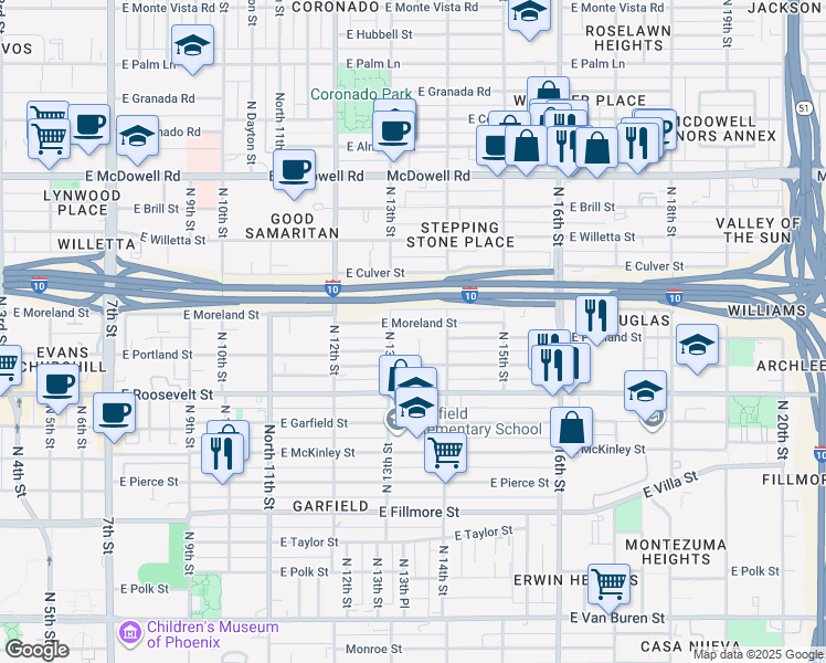 map of restaurants, bars, coffee shops, grocery stores, and more near 1121 North 13th Place in Phoenix