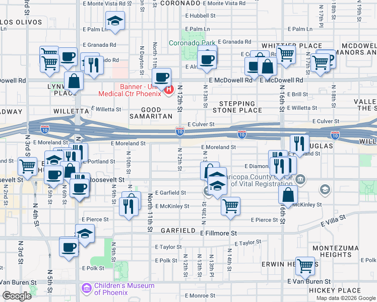 map of restaurants, bars, coffee shops, grocery stores, and more near 1206 East Portland Street in Phoenix