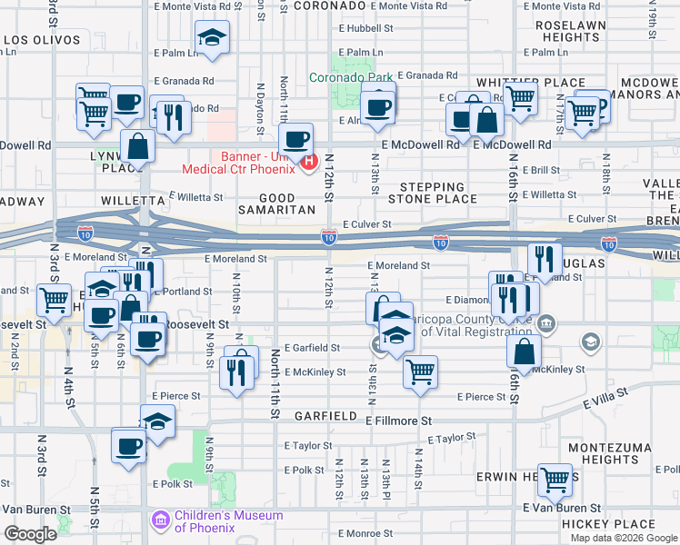 map of restaurants, bars, coffee shops, grocery stores, and more near 1206 East Portland Street in Phoenix