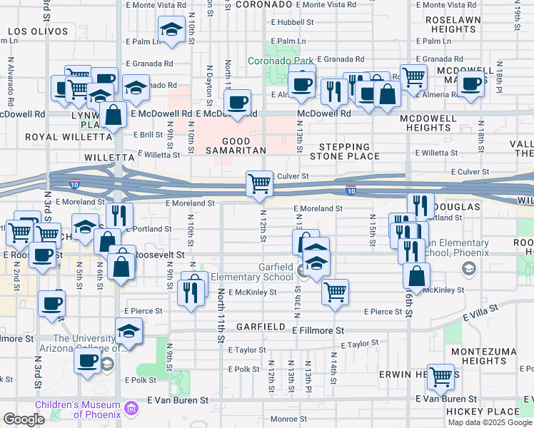 map of restaurants, bars, coffee shops, grocery stores, and more near 1206 East Portland Street in Phoenix