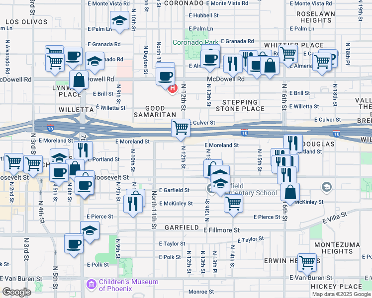 map of restaurants, bars, coffee shops, grocery stores, and more near 1206 East Portland Street in Phoenix