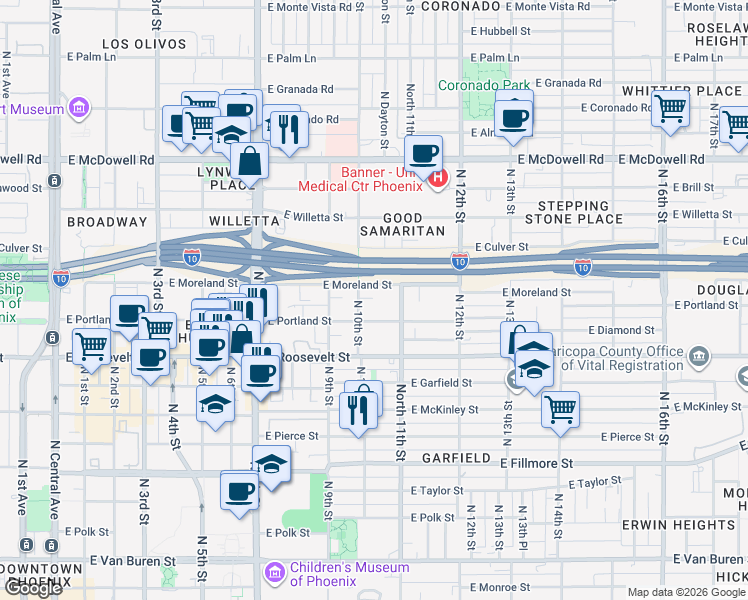map of restaurants, bars, coffee shops, grocery stores, and more near 1115 North 10th Street in Phoenix