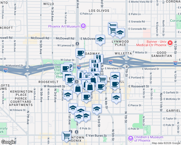 map of restaurants, bars, coffee shops, grocery stores, and more near 206 East Portland Street in Phoenix