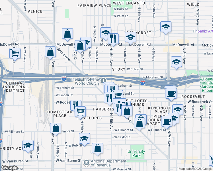map of restaurants, bars, coffee shops, grocery stores, and more near 1201 North Laurel Avenue in Phoenix