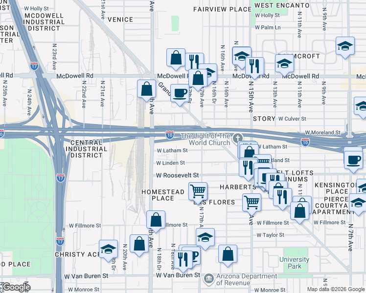map of restaurants, bars, coffee shops, grocery stores, and more near 1212 North 18th Avenue in Phoenix