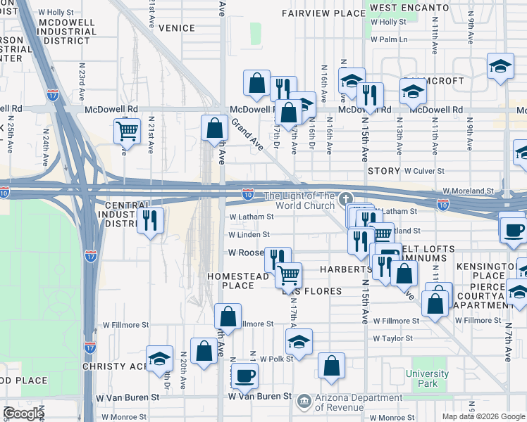 map of restaurants, bars, coffee shops, grocery stores, and more near 1212 North 18th Avenue in Phoenix