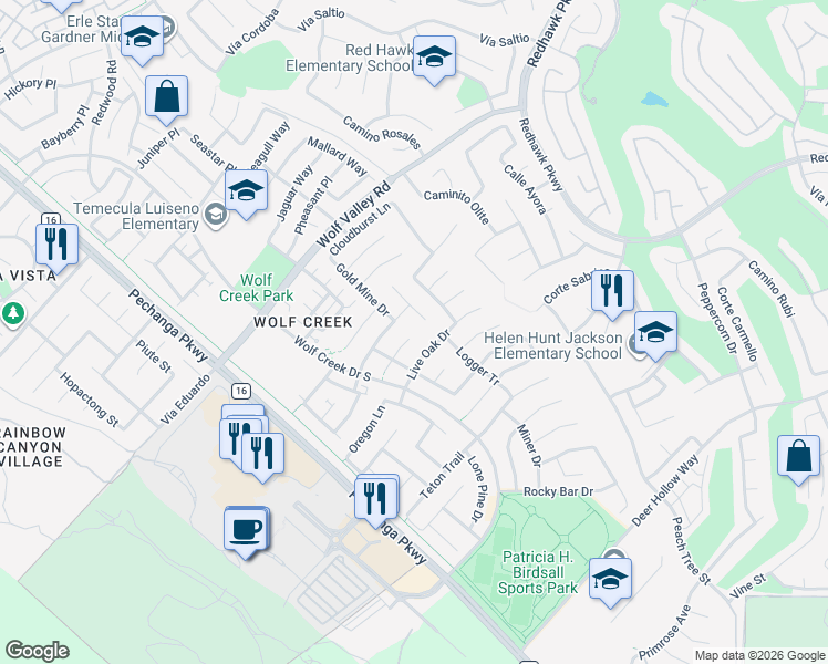 map of restaurants, bars, coffee shops, grocery stores, and more near 32058 Woodside Court in Temecula