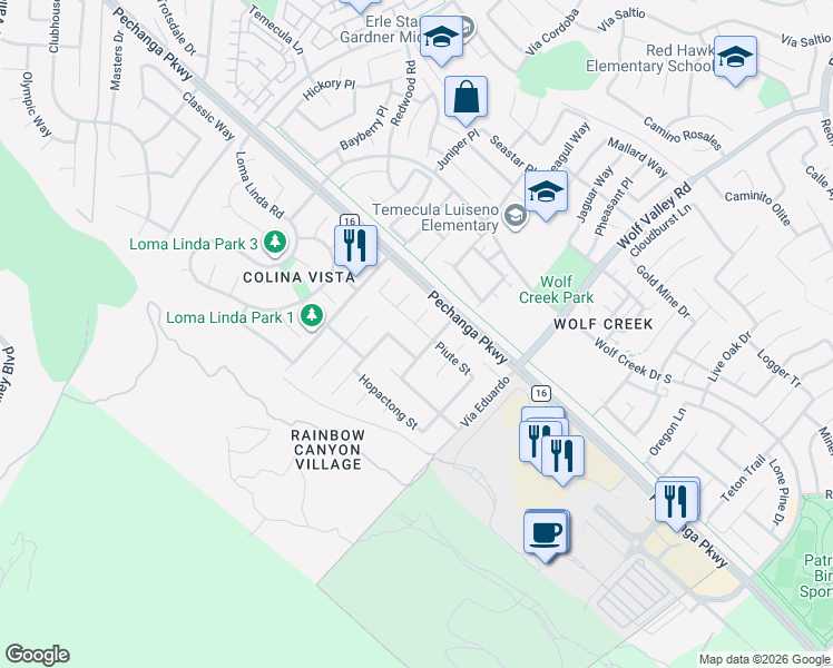 map of restaurants, bars, coffee shops, grocery stores, and more near 45711 Piute Street in Temecula