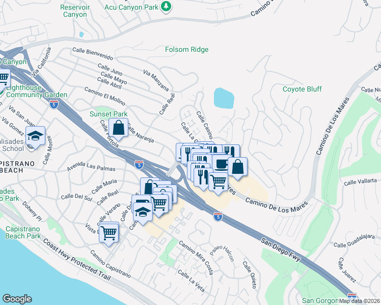 map of restaurants, bars, coffee shops, grocery stores, and more near 34622 Camino El Molino in Dana Point