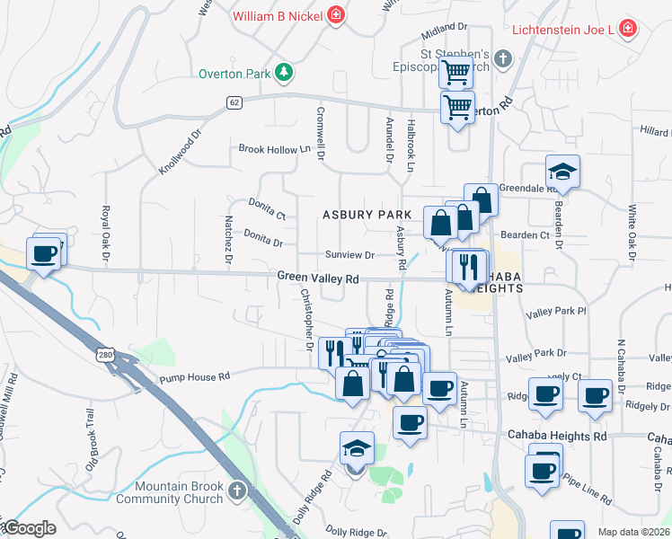 map of restaurants, bars, coffee shops, grocery stores, and more near 3034 Green Valley Road in Vestavia Hills