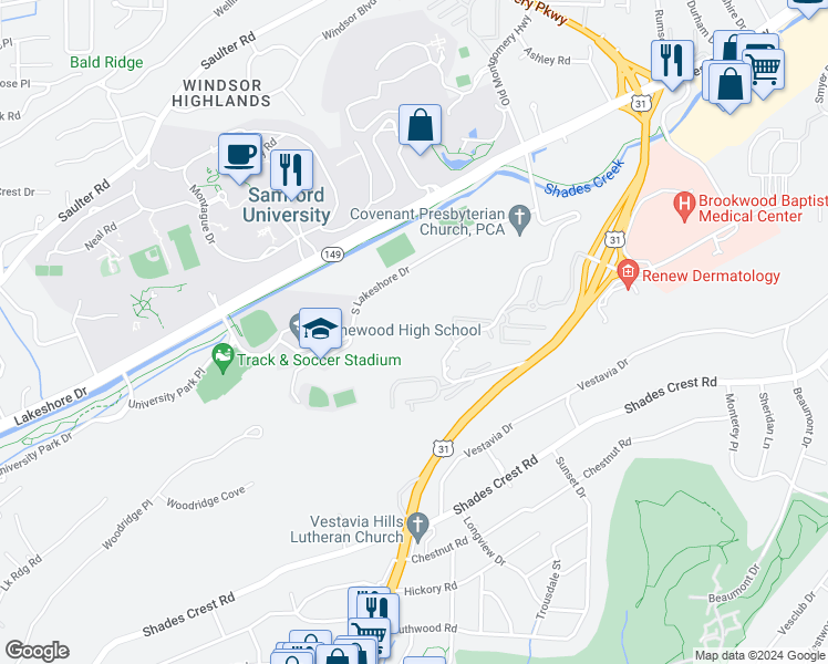 map of restaurants, bars, coffee shops, grocery stores, and more near 100 Old Montgomery Highway in Vestavia Hills
