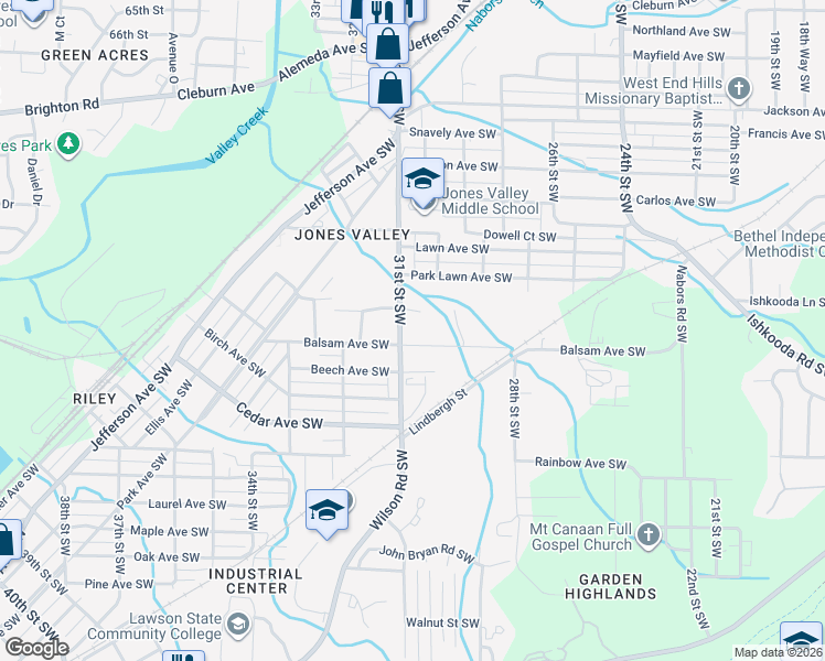 map of restaurants, bars, coffee shops, grocery stores, and more near 2316 31st Street Southwest in Birmingham