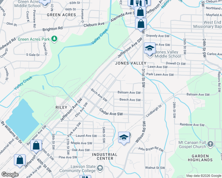 map of restaurants, bars, coffee shops, grocery stores, and more near 3337 Park Avenue Southwest in Birmingham